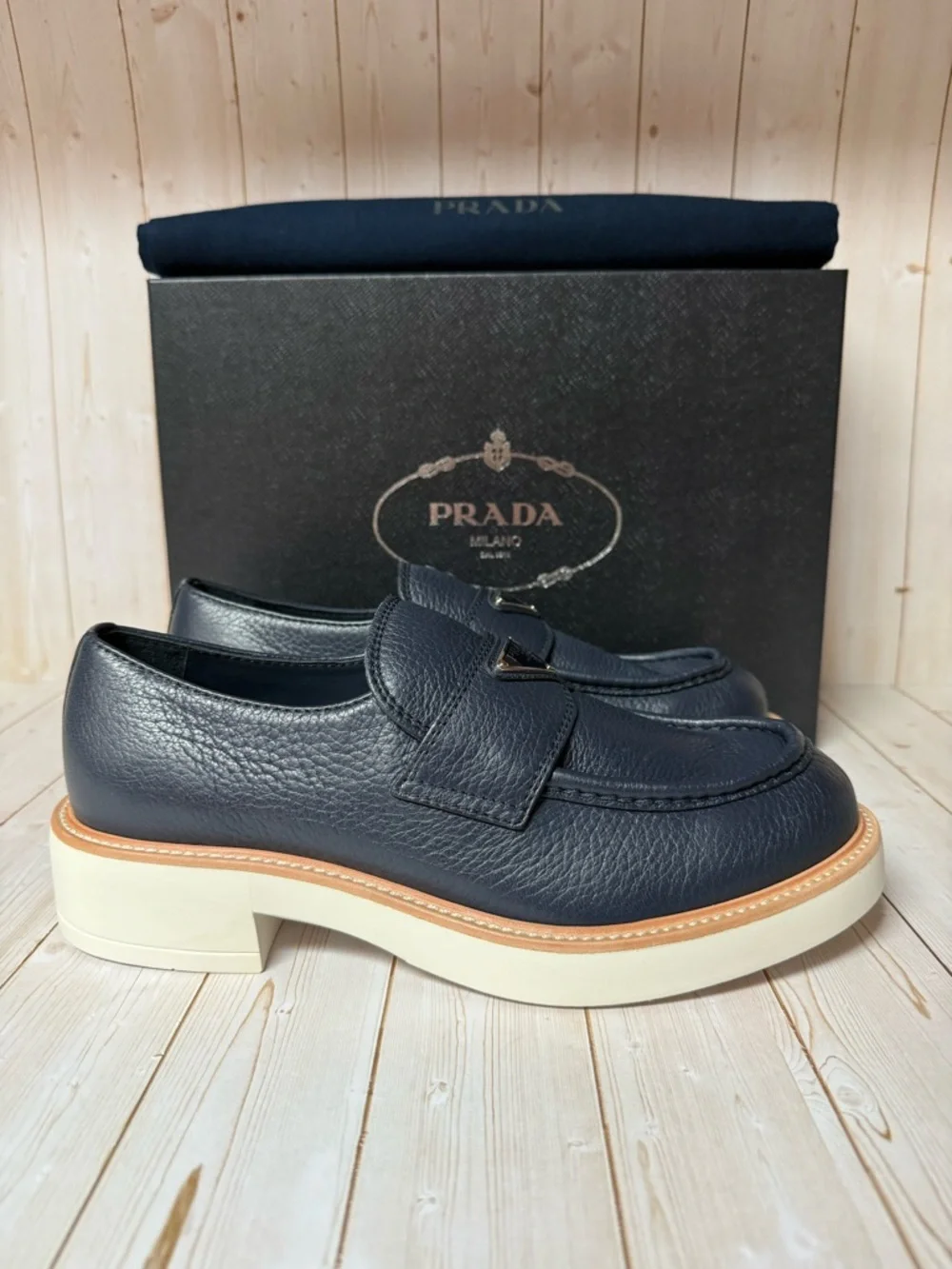 Prada Triangle-Logo Leather Loafers Navy Blue Sz 7.5UK / 8.5US - Picture 3 of 12